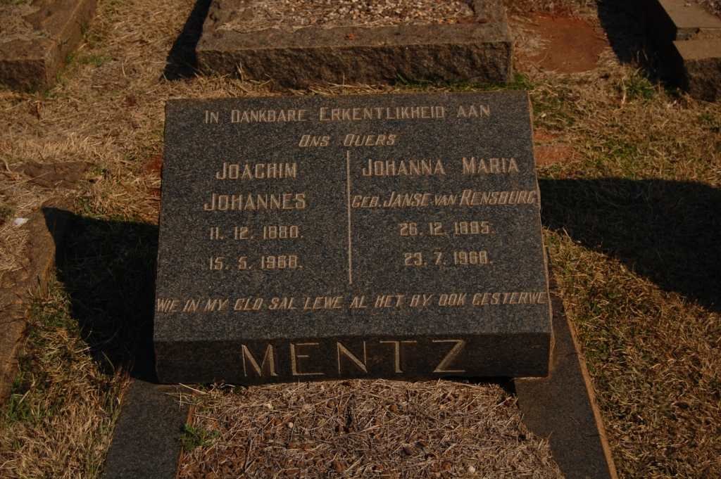 MENTZ Joachim Johannes 1880-1968 &amp; Johanna Maria JANSE VAN RENSBURG 1895-1968