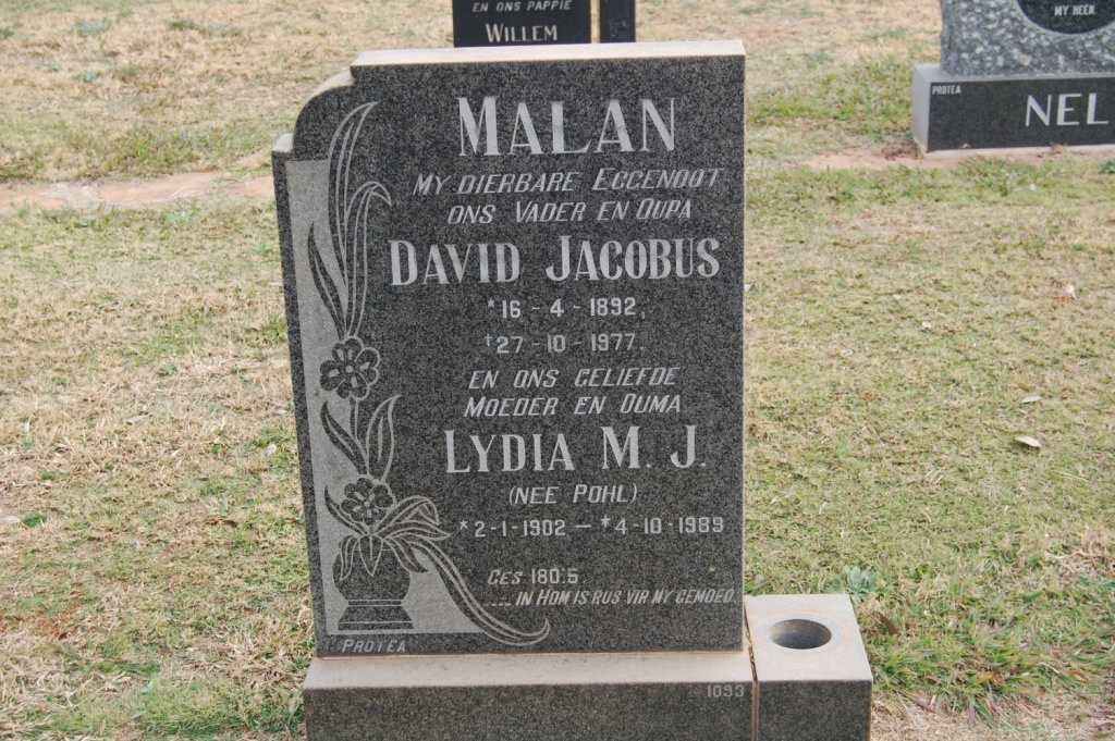 MALAN David Jacobus 1892-1977 &amp; Lydia M.J. POHL 1902-1989