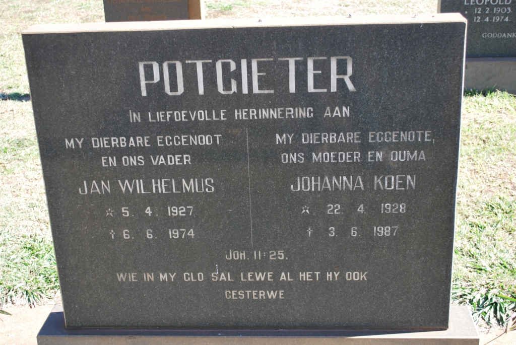 POTGIETER Jan Wilhelmus 1927-1974 &amp; Johanna KOEN 1928-1987