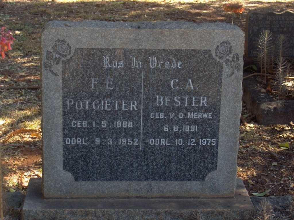 POTGIETER F.E. 1888-1952 &amp; C.A.BESTER  nee  VAN DER MERWE 1891-1975