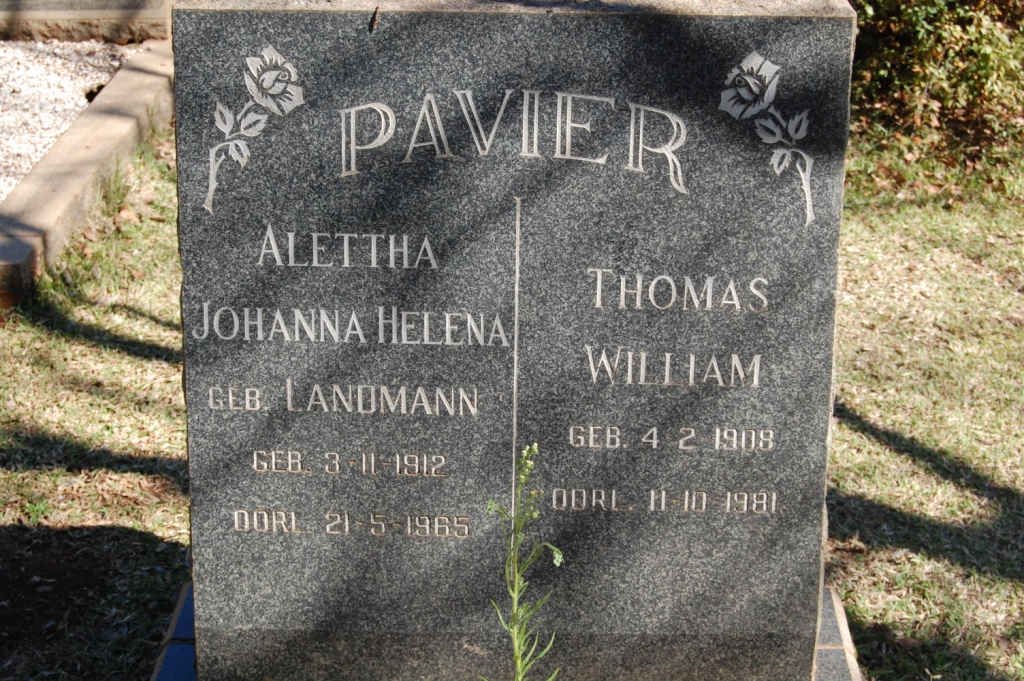 PAVIER Thomas William 1908-1981 &amp; Alettha Johanna Helena LANDMANN 1912-1965
