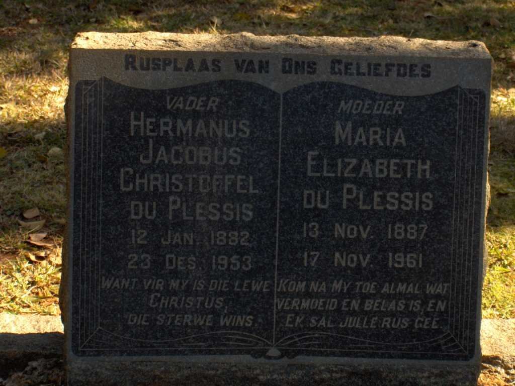 PLESSIS Hermanus Jacobus Christoffel, du 1882-1953 &amp; Maria Elizabeth 1887-1961