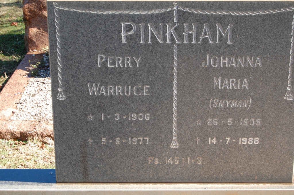 PINKHAM Perry Warruce 1906-1977 &amp; Johanna Maria SNYMAN 1905-1988
