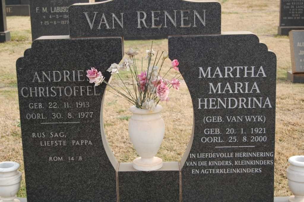 RENEN Andries Christoffel 1913-1977 &amp; Martha Maria Hendrina VAN WYK 1921-2000