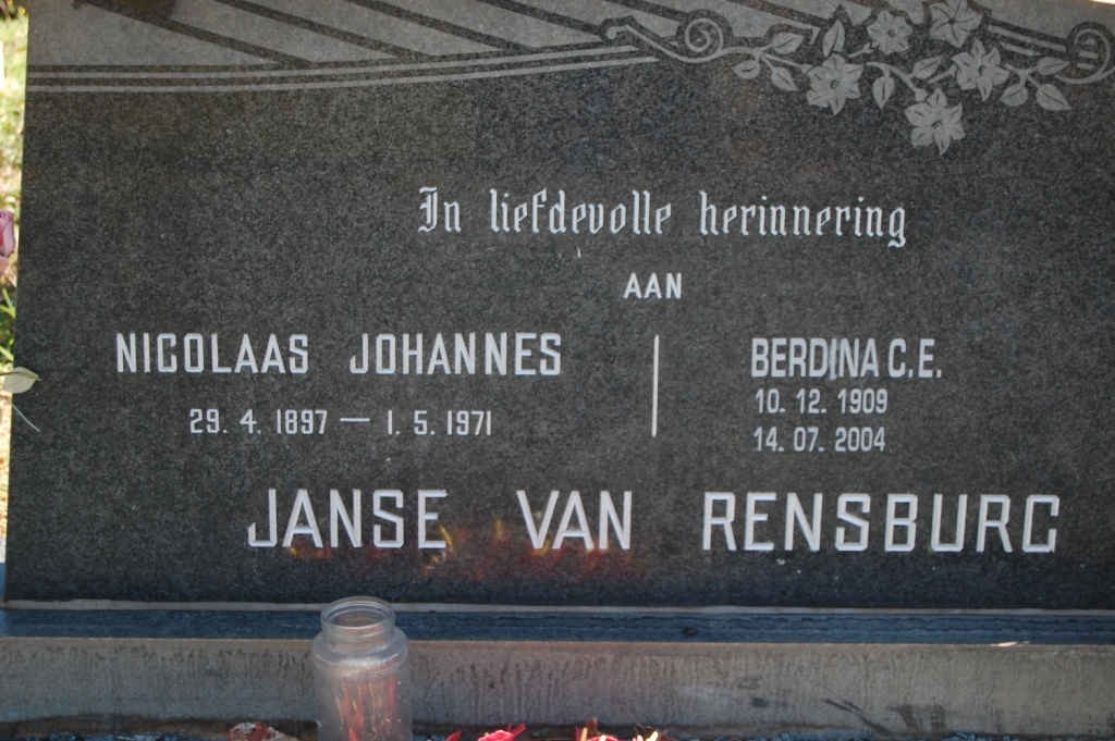 RENSBURG Nicolaas Johannes, Janse van 1897-1971 &amp; Berdina C.E. 1909-2004