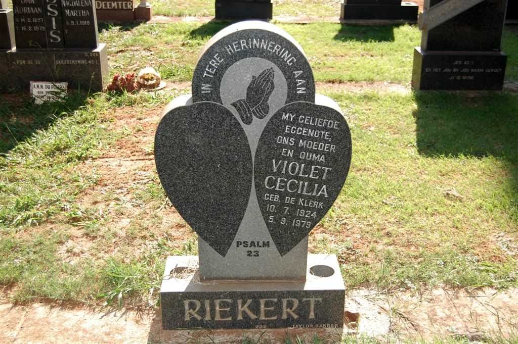RIEKERT Violet Cecilia nee DE KLERK 1924-1979