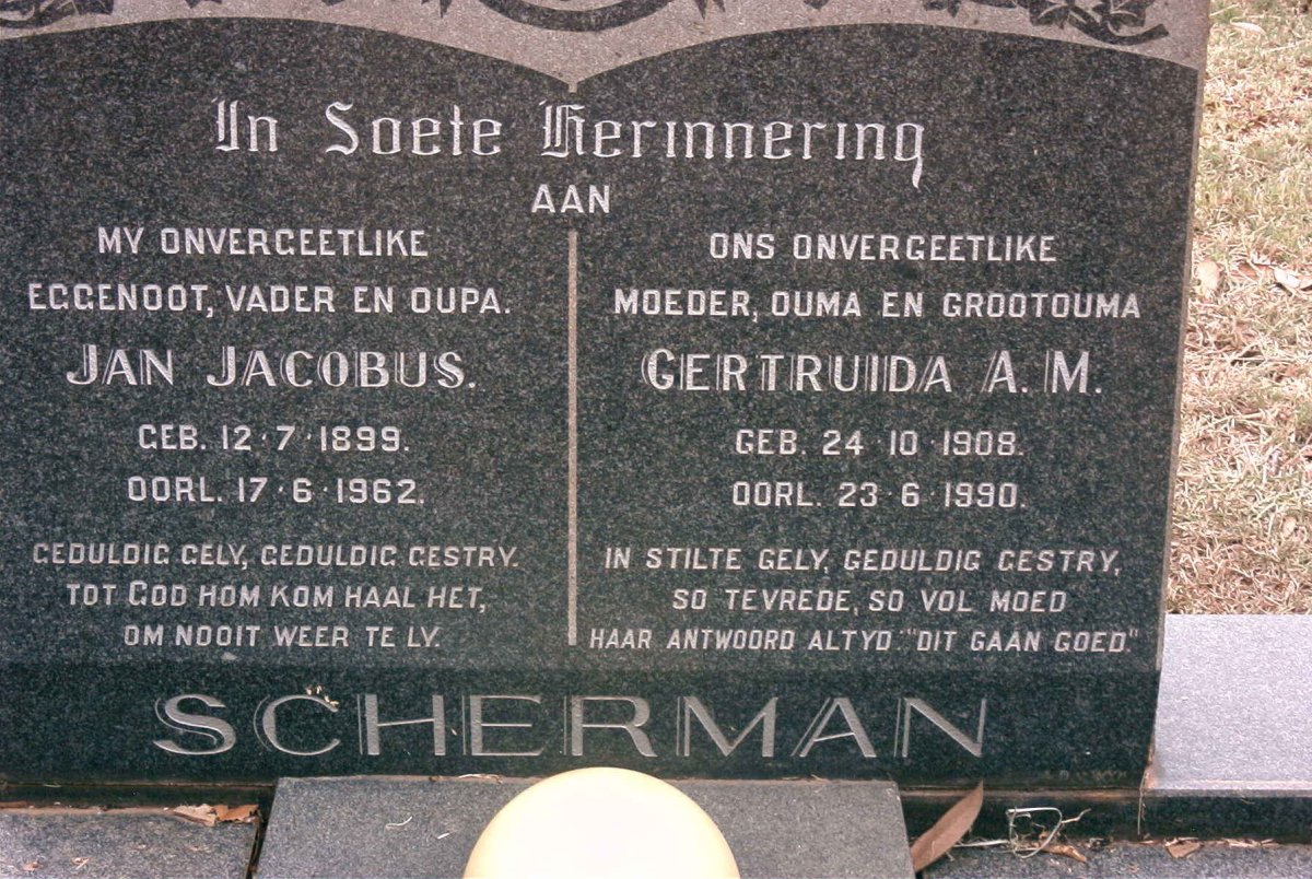 SCHERMAN Jan Jacobus 1899-1962 &amp; Gertruida A.M. 1908-1990
