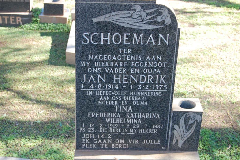 SCHOEMAN Jan Hendrik 1914-1975 &amp; Fredrika Katharina Wilhelmina 1919-1987