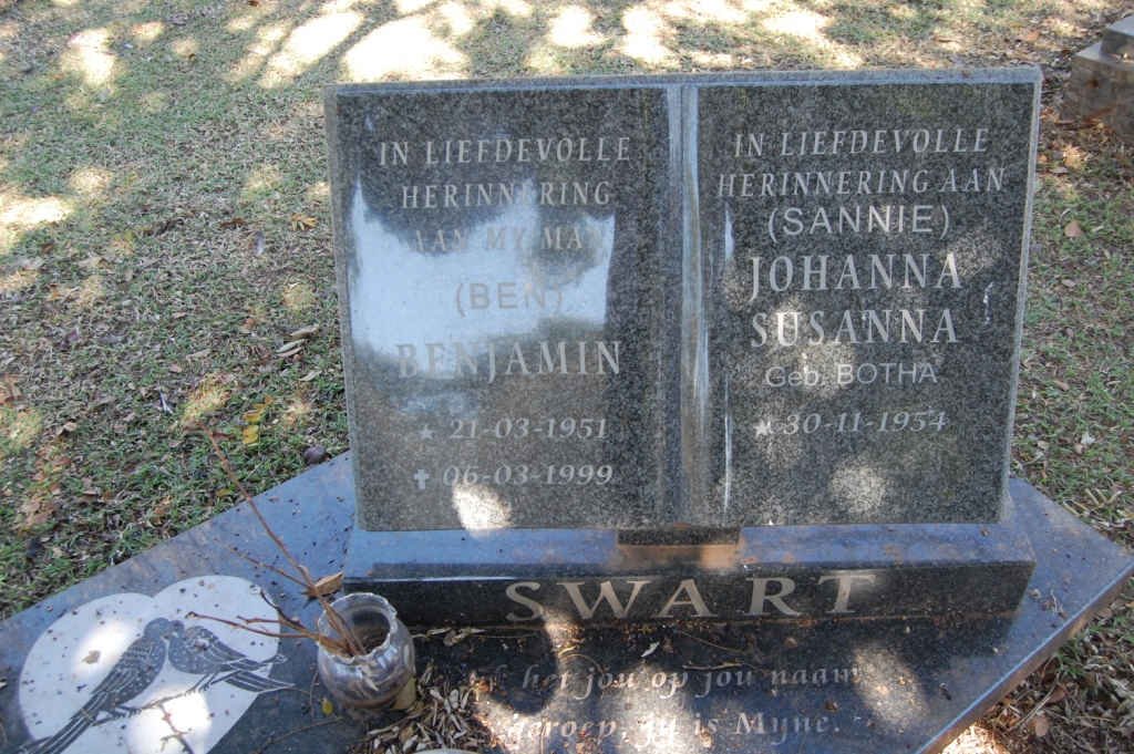SWART Benjamin 1951-1999 &amp; Johanna Susanna BOTHA 1954-