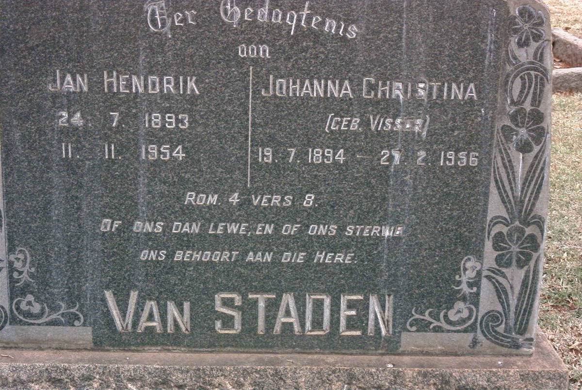 STADEN Jan Hendrik, van 1893-1954 &amp; Johanna Christina VISSER 1894-1956