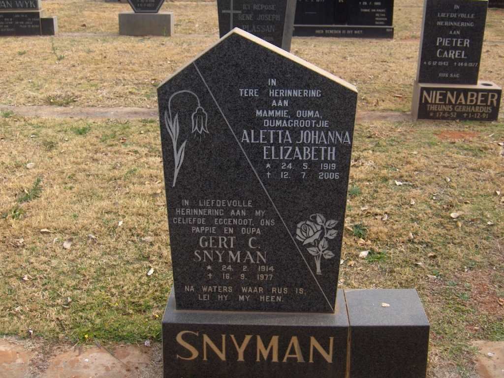 SNYMAN Gert C. 1914-1977 &amp; Aletta Johanna Elizabeth 1919-2006