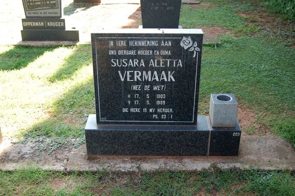 VERMAAK Susara Aletta nee DE WET 1903-1989