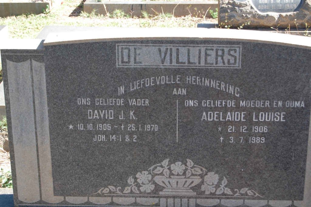 VILLIERS David J.K., de 1906-1970 &amp; Adelaide Louise 1906-1989