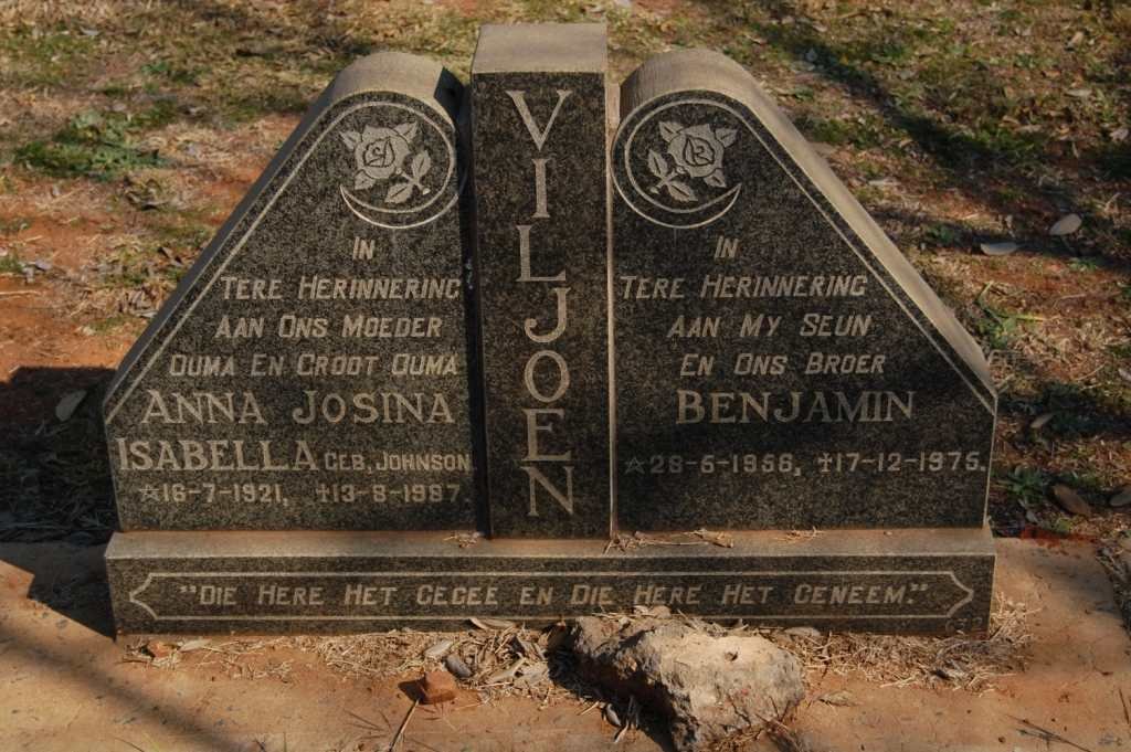 VILJOEN Anna Josina Isabella nee JOHNSON 1921-1987 :: VILJOEN Benjamin 1956-1975
