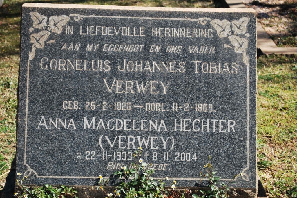 VERWEY Cornelius Johannes Tobias 1926-1969 &amp; Anna Magdalena HECHTER 1933-2004