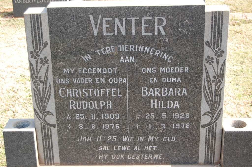 VENTER Christoffel Rudolph 1909-1976 &amp; Barbara Hilda 1928-1978