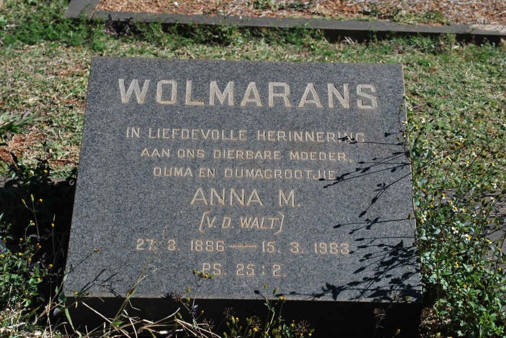 WOLMARANS Anna M. nee V.D. WALT 1886-1983