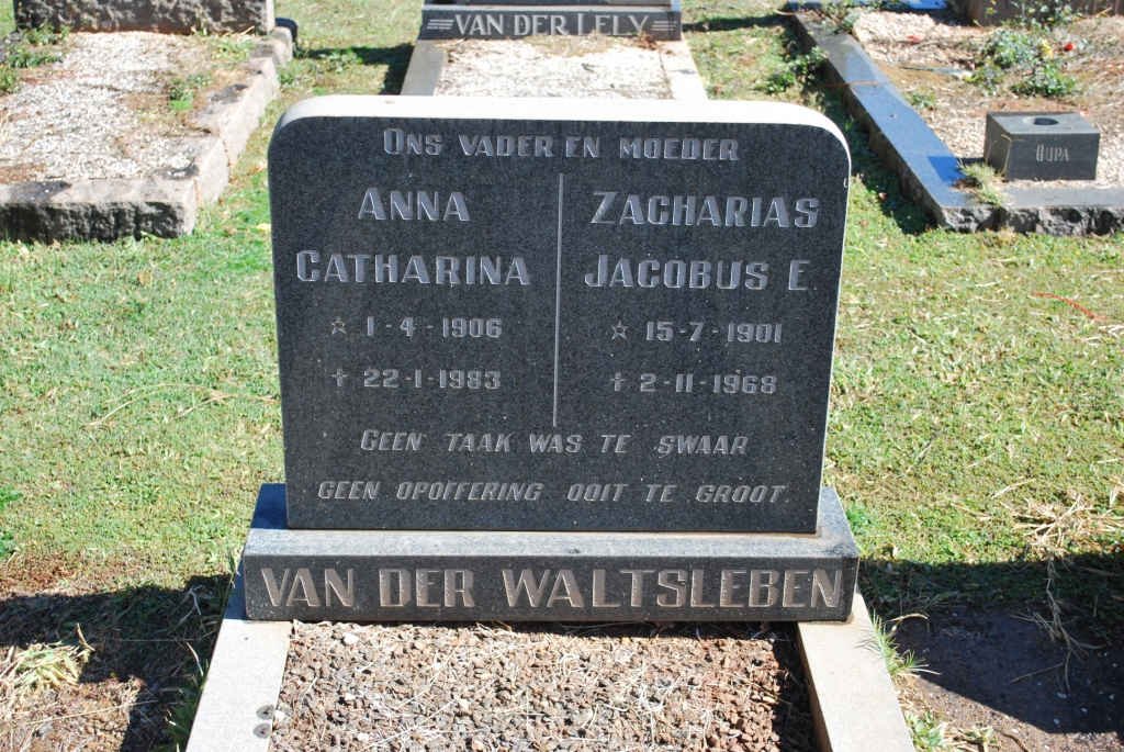WALTSLEBEN Zacharias Jacobus E., van der 1901-1968 &amp; Anna Catharina 1906-1983