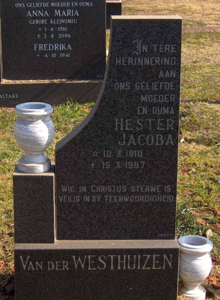 WESTHUIZEN Hester Jacoba, van der 1910-1987
