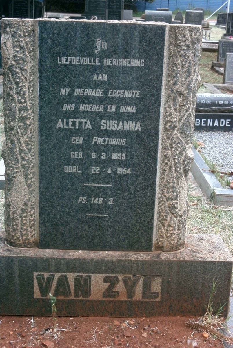 ZYL Aletta Susanna, van nee PRETORIUS 1895-1954
