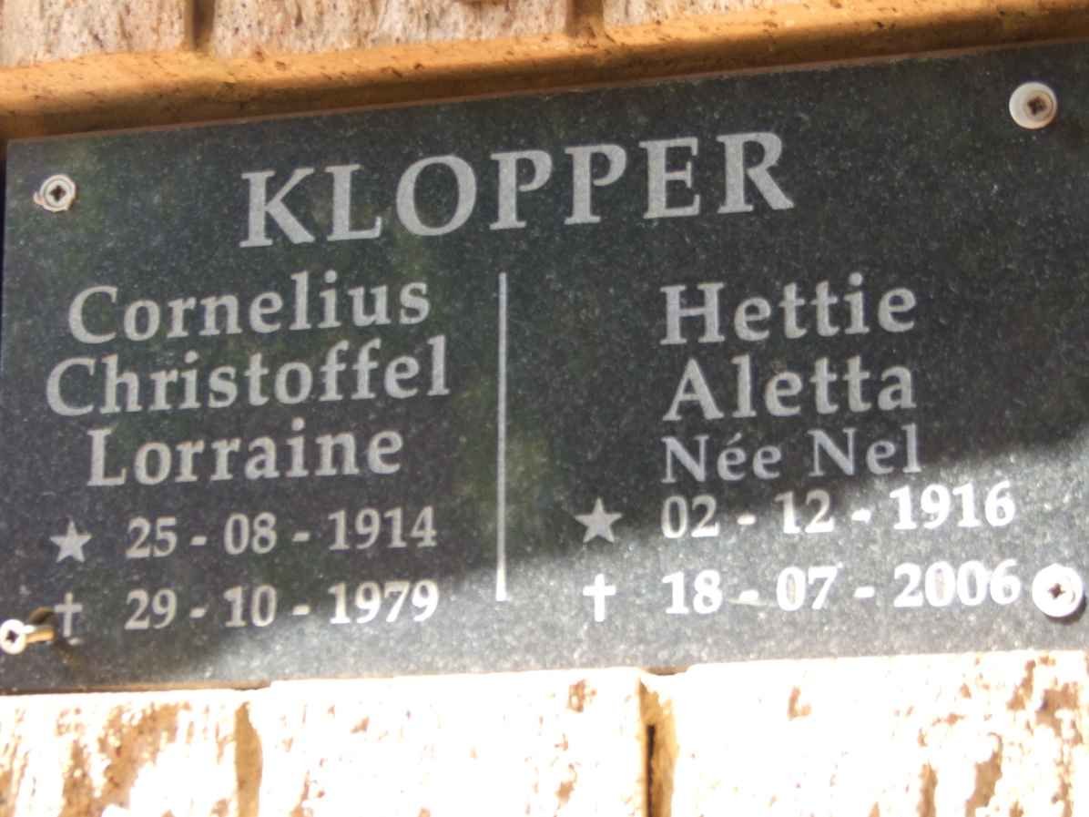 KLOPPER Cornelius Christoffel Lorraine 1914-1979 &amp; Hettie Aletta NEL 1916-2006