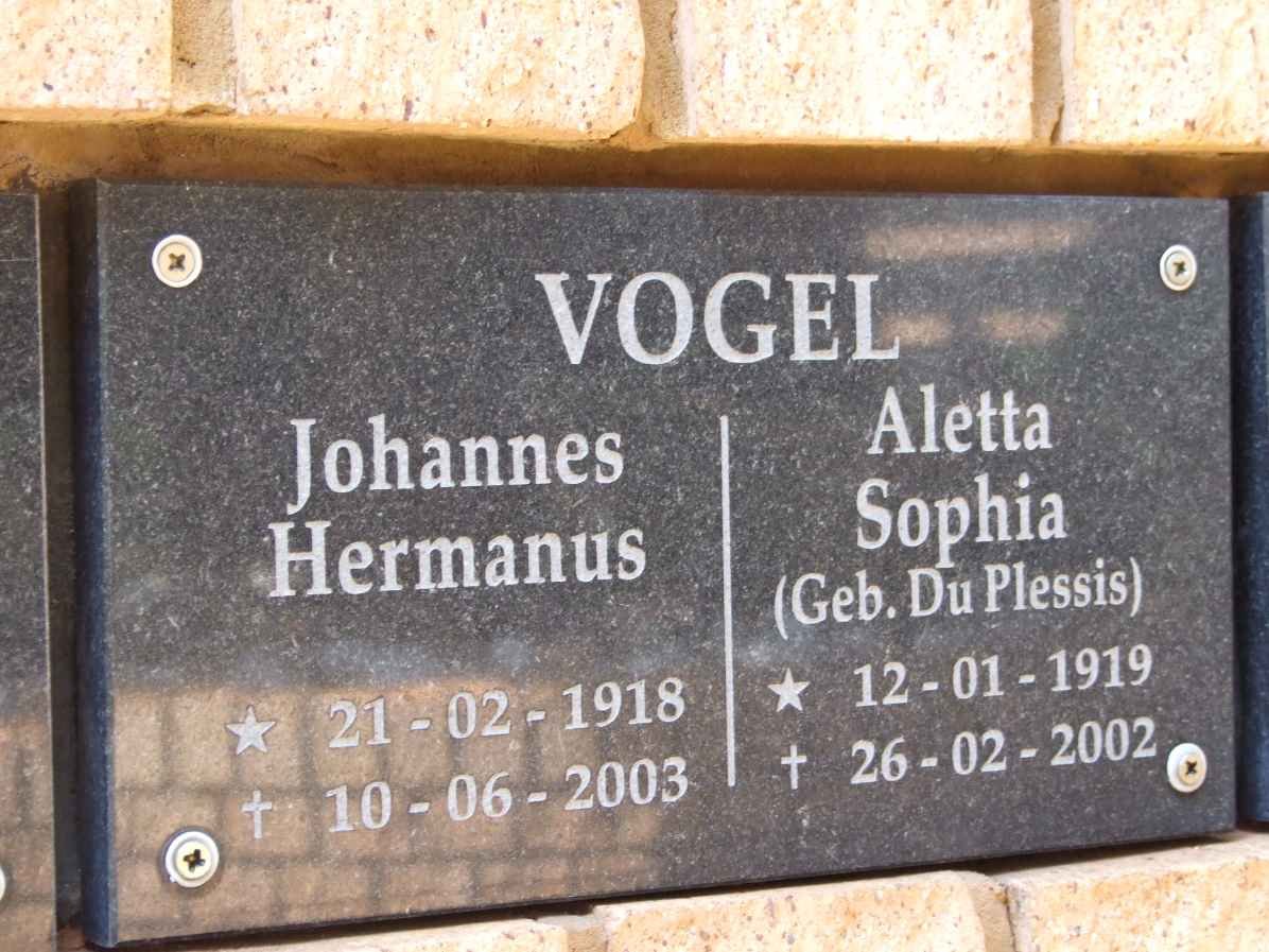 VOGEL Johannes Hermanus 1918-2003 &amp; Aletta Sophia DU PLESSIS 1919-2002