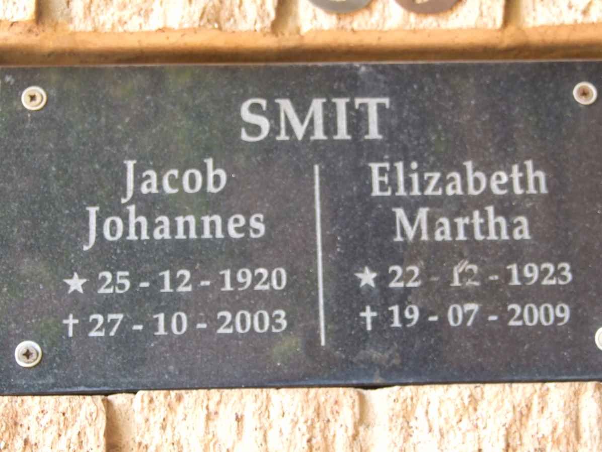 SMIT Jacob Johannes 1920-2003 &amp; Elizabeth Martha 1923-2009