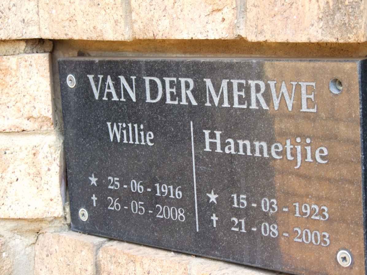 MERWE Willie, van der 1916-2008 &amp; Hannetjie 1923-2003