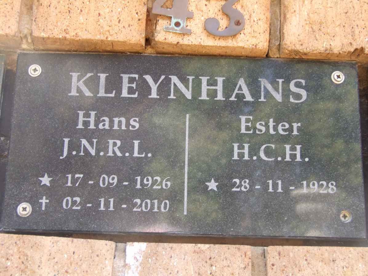 KLEYNHANS J.N.R.L. 1926-2010 &amp; H.C.H. 1928-