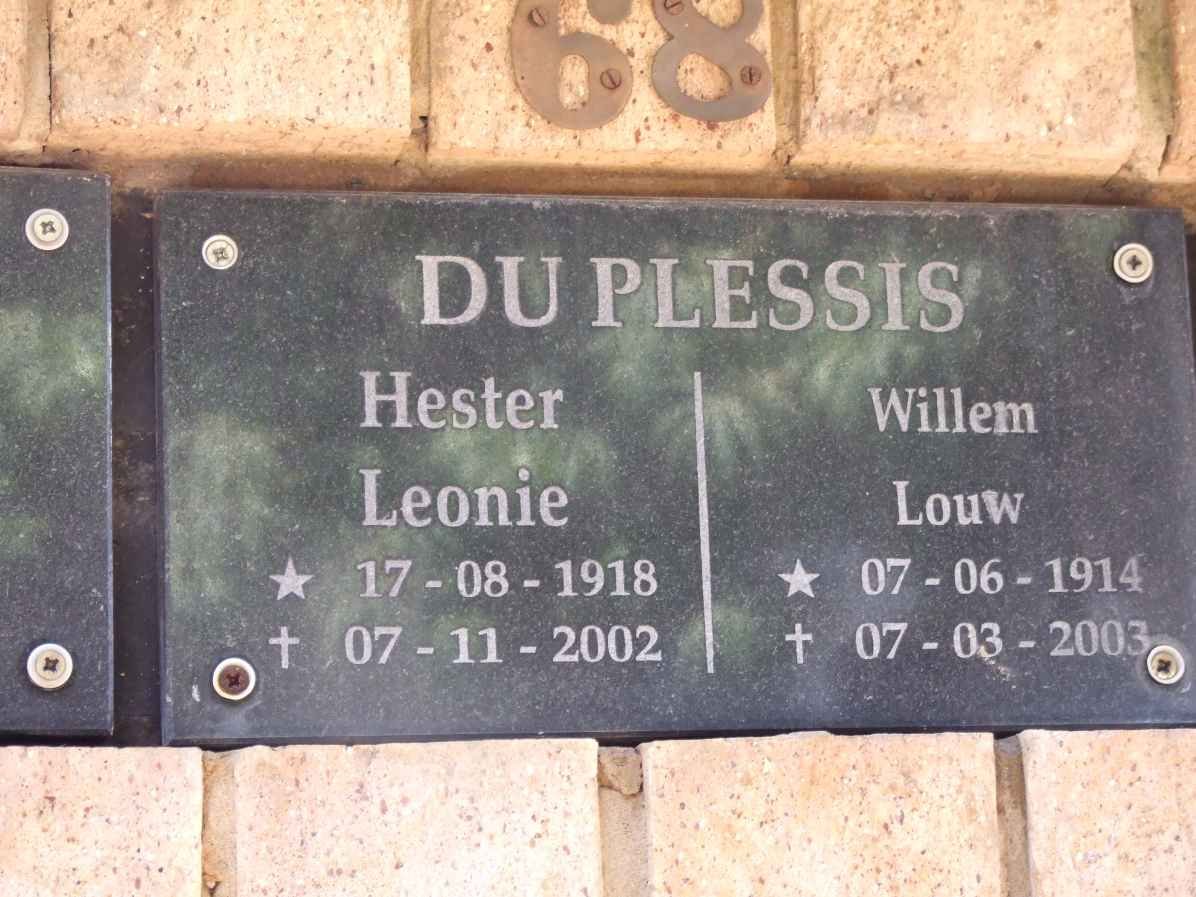PLESSIS Willem Louw, du 1914-2003 &amp; Hester Leonie 1918-2002