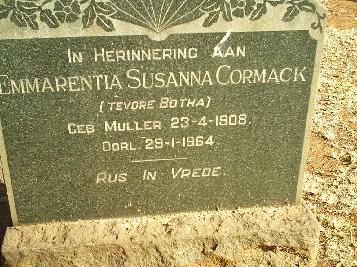CORMACK Emmarentia Susanna nee MULLER voorheen BOTHA 1908-1964