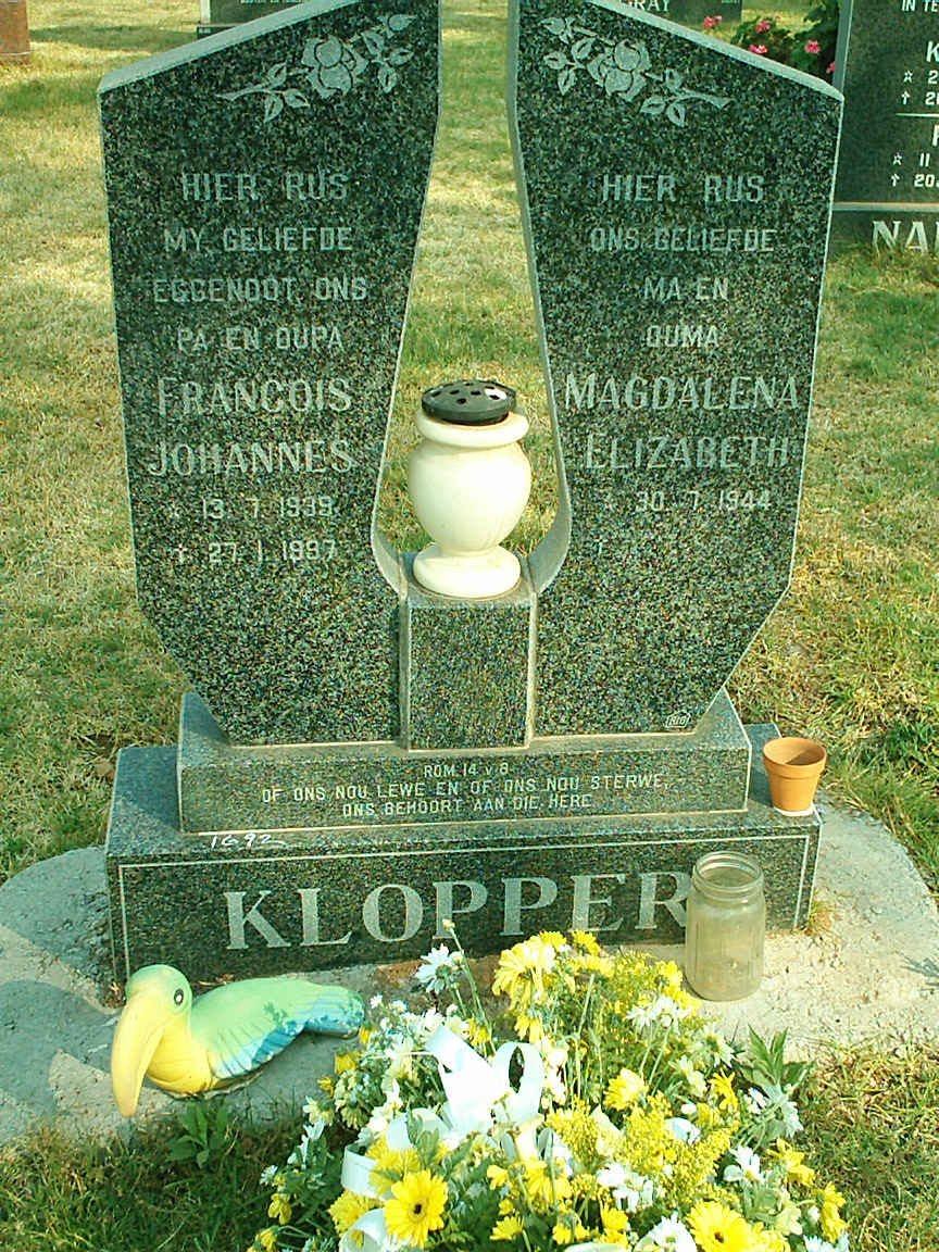 KLOPPER Francois Johannes 1939-1997 &amp; Magdalena Elizabeth 1944-