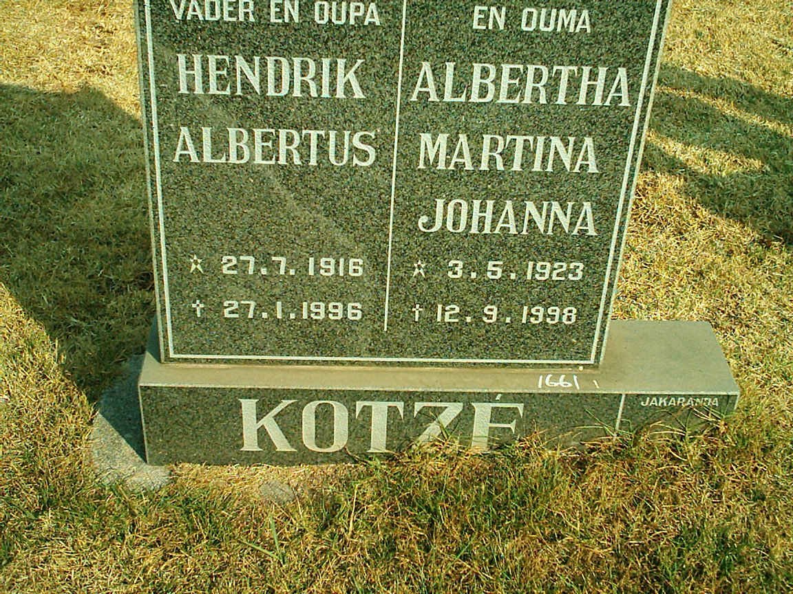 KOTZE Hendrik Albertus 1916-1996 &amp; Albertha Martina Johanna 1923-1998