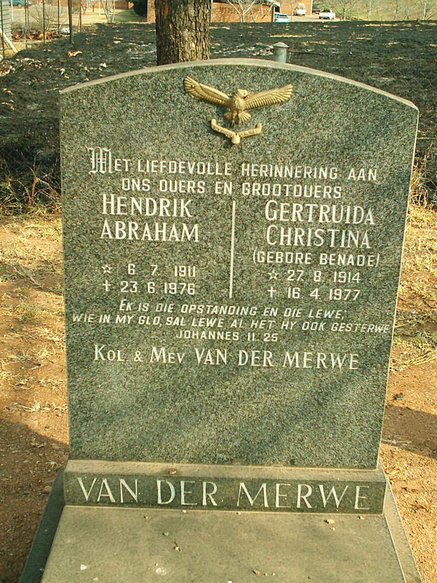 MERWE Hendrik Abraham, van der 1911-1976 &amp; Gertruida Christina BENADE 1914-1977