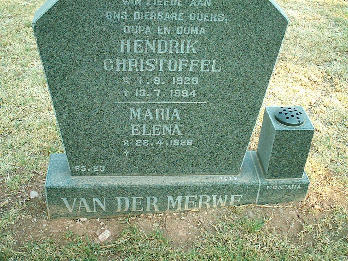 MERWE Hendrik Christoffel, van der 1929-1994 &amp; Maria Elena 1928-
