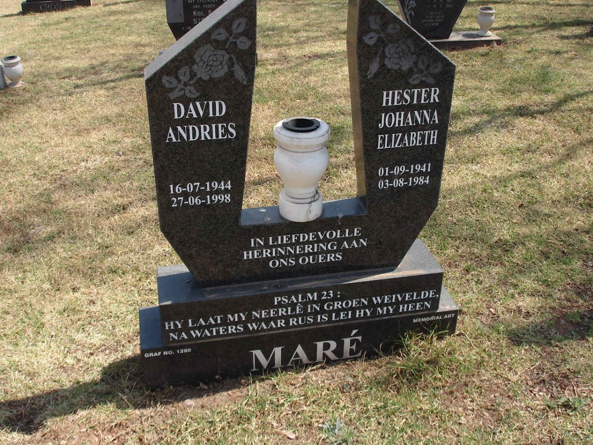 MARE David Andries 1944-1998 &amp; Hester Johanna Elizabeth 1941-1984