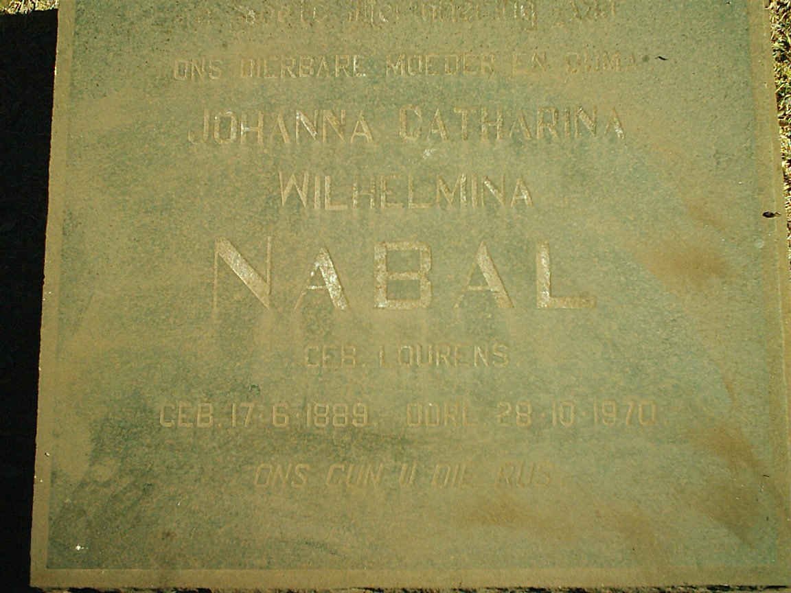 NABAL Johanna Catharina Wilhelmina  nee LOURENS 1889-1970