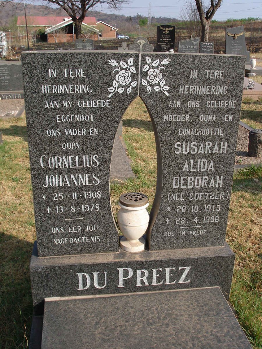 PREEZ Cornelius Johannes, du 1908-1978 &amp; Susarah Alida Deborah COETZER 1913-1996