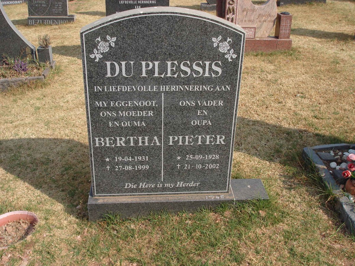 PLESSIS Pieter, du 1928-2002 &amp; Bertha 1931-1999