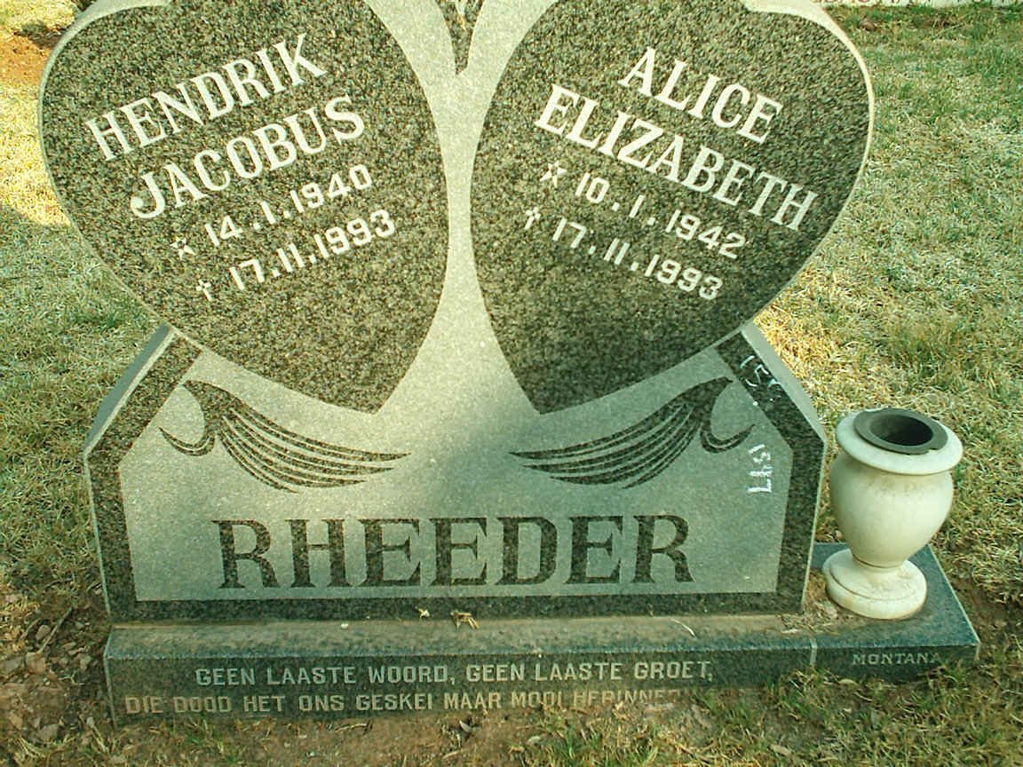 RHEEDER Hendrik Jacobus 1940-1993 &amp; Alice Elizabeth 1942-1993