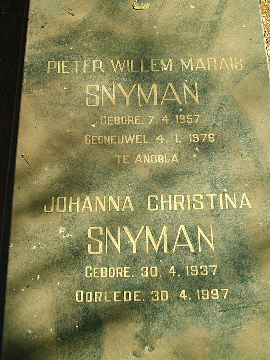 SNYMAN Pieter Willem Marais 1957-1976 :: SNYMAN Johanna Christina 1937-1997
