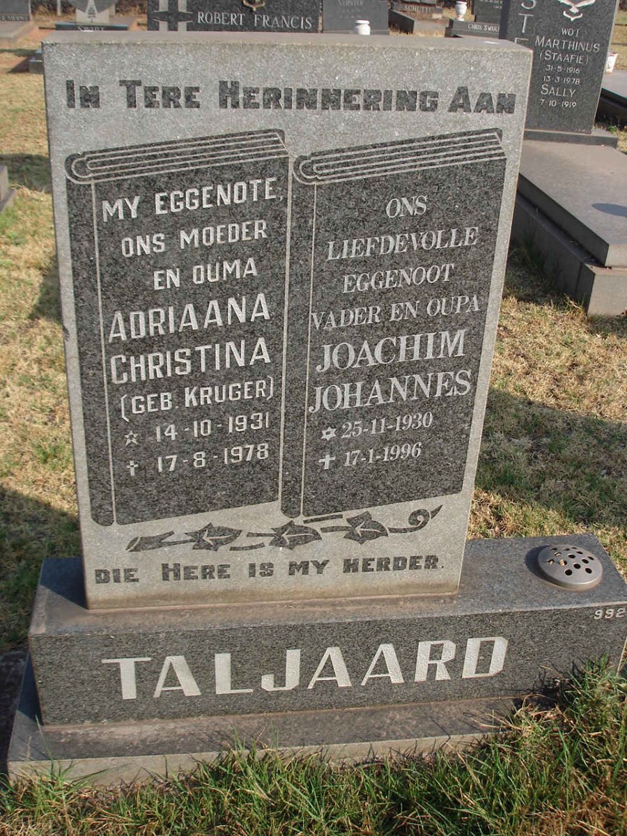 TALJAARD Joachim Johannes 1930-1996 &amp; Adriaana Christina KRUGER 1931-1978