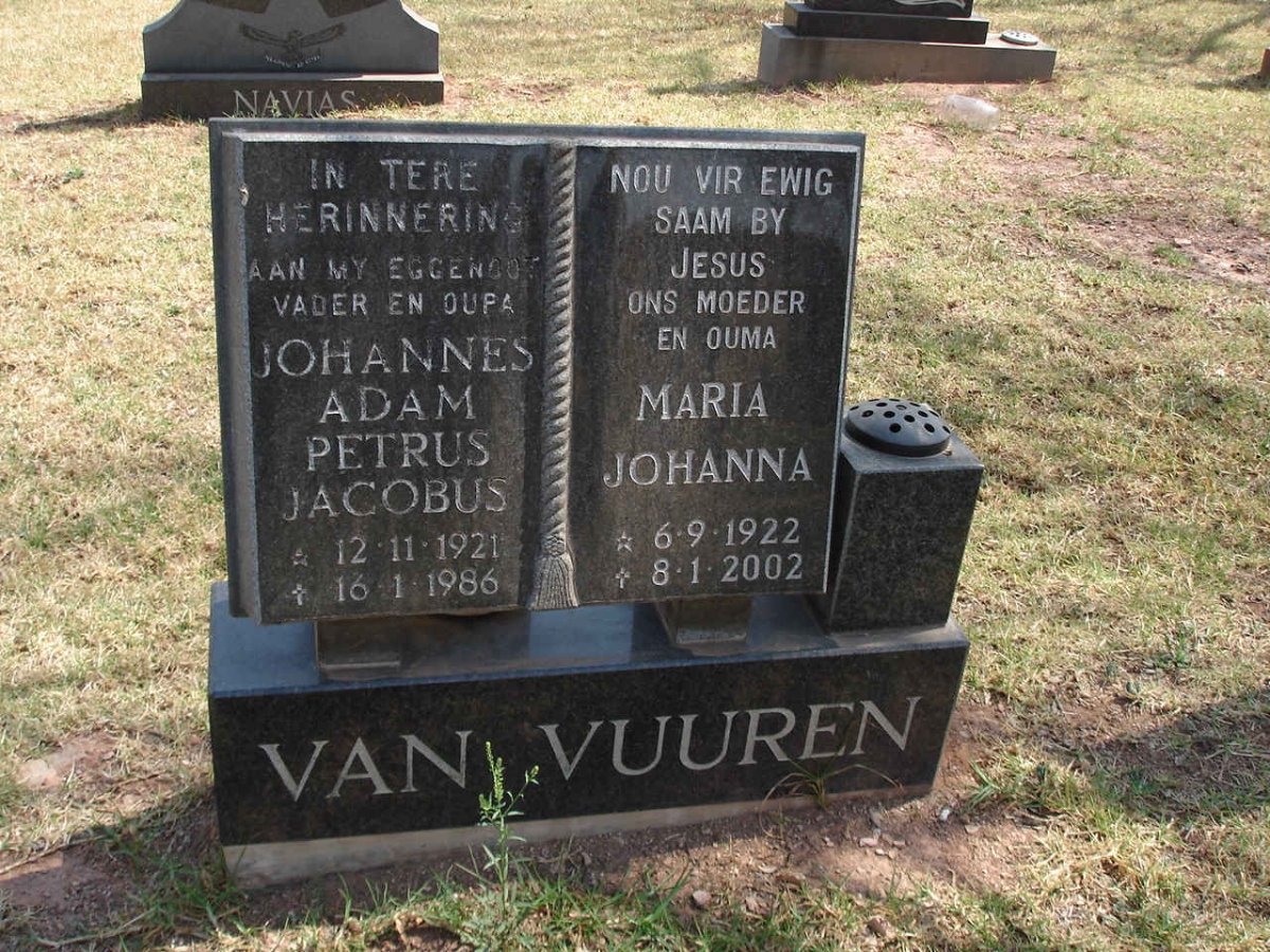 VUUREN Johannes Adam Petrus Jacobus 1921-1986 &amp; Maria Johanna 1922-2002