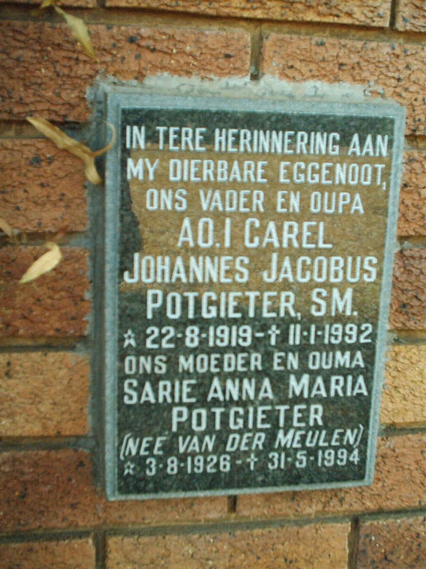 POTGIETER Carel Johannes Jacobus 1919-1992 &amp; Sarie Anna Maria VAN DER MEULEN 1926-1994
