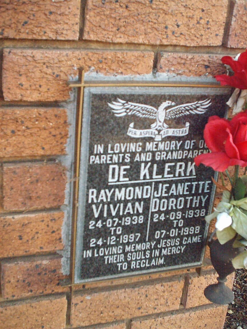 KLERK Raymond Vivian, de 1938-1997 &amp; Jeanette Dorothy 1938-1998