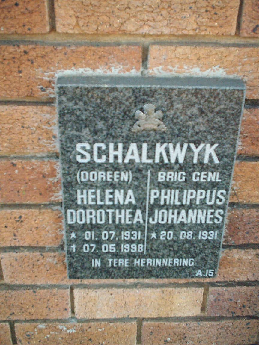 SCHALKWYK Phillippus Johannes 1931- &amp; Helena Dorothea 1931-1998