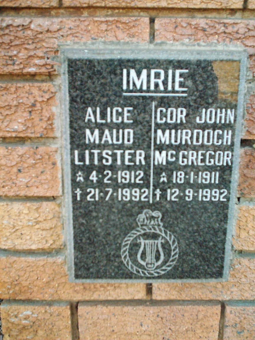 IMRIE John Murdoch McGregor 1911-1992 &amp; Alice Maud Litster 1912-1992