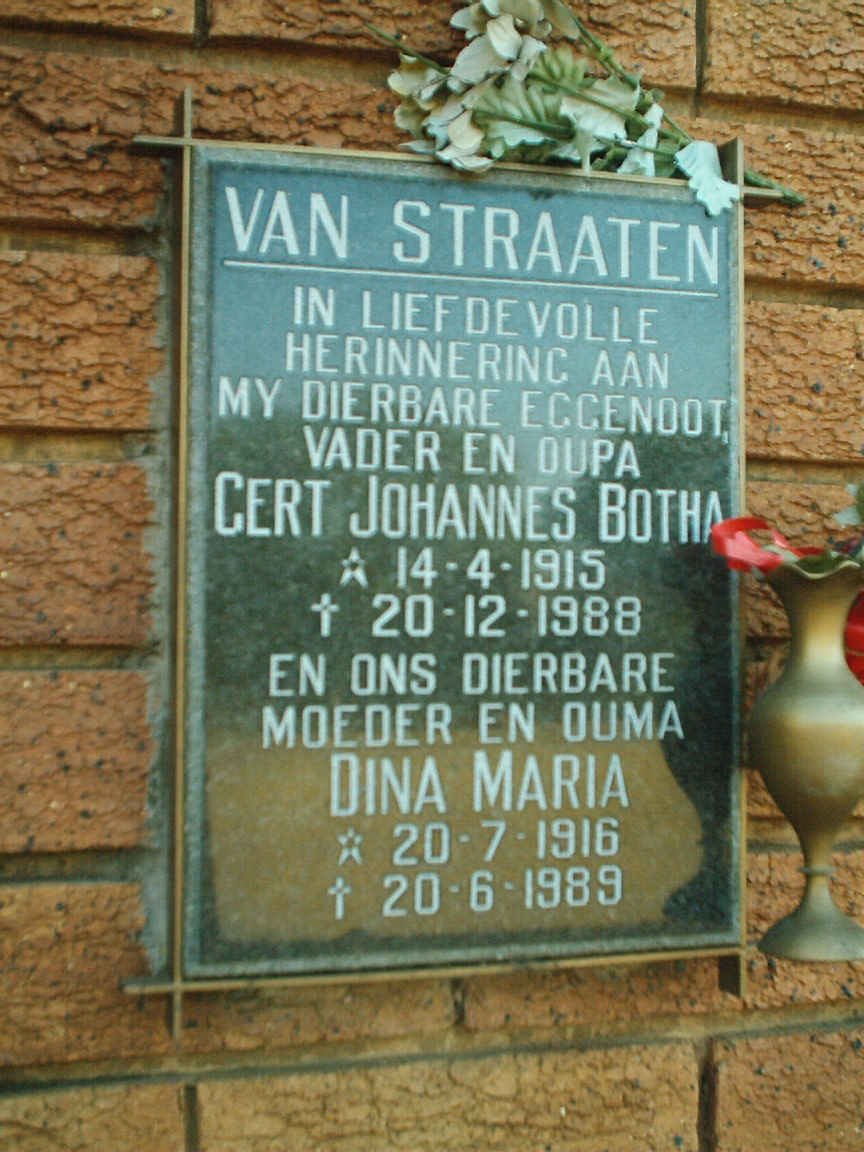 STRAATEN Gert Johannes Botha, van 1915-1988 &amp; Dona Maria 1916-1989