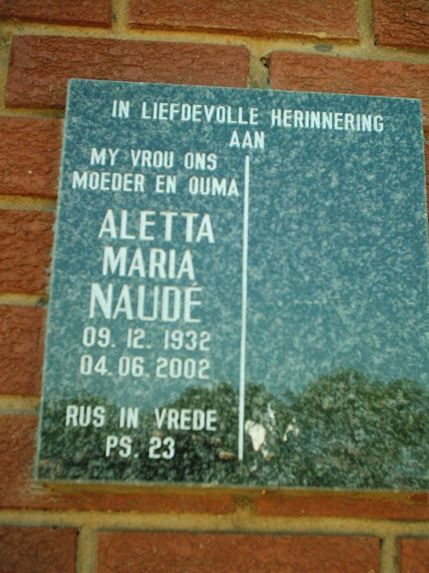 NAUDE Aletta Maria 1932-2002