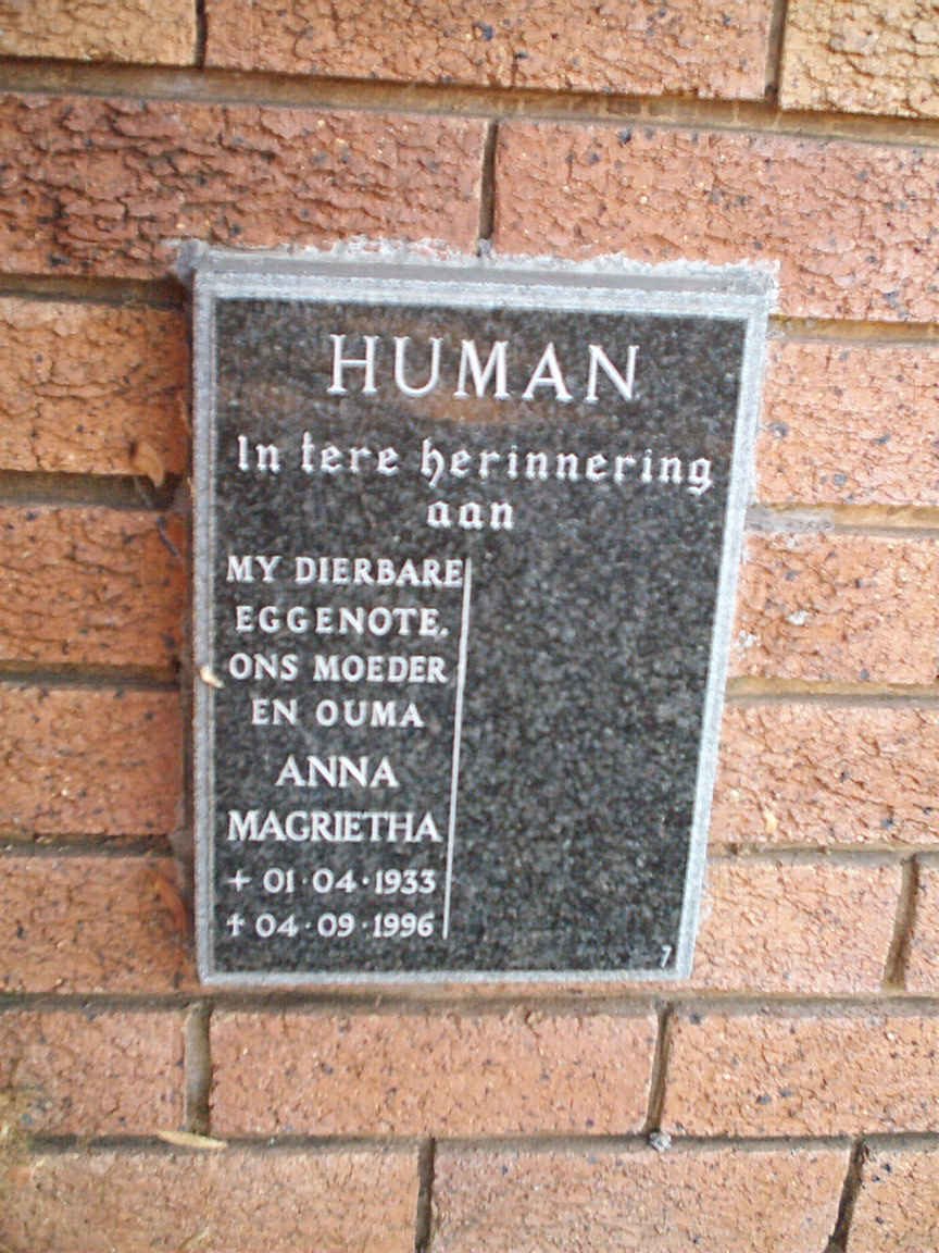 HUMAN Anna Magrietha 1933-1996